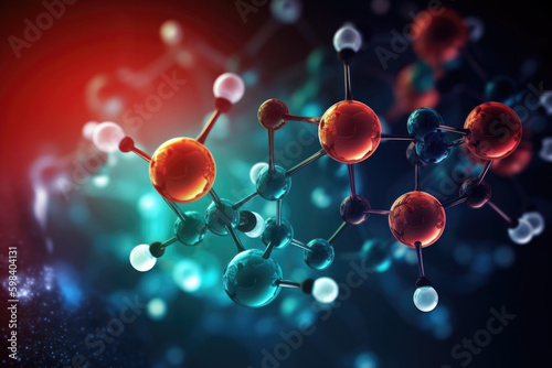 Molecular structure with connections between atoms on abstract background, macro shot. Scientific research in molecular chemistry. Created with Generative AI