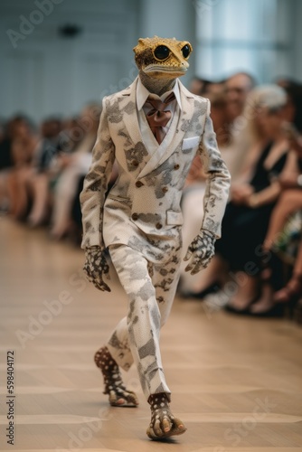 A lizard or gecko fashon model at the fashion show. AI generative image. photo