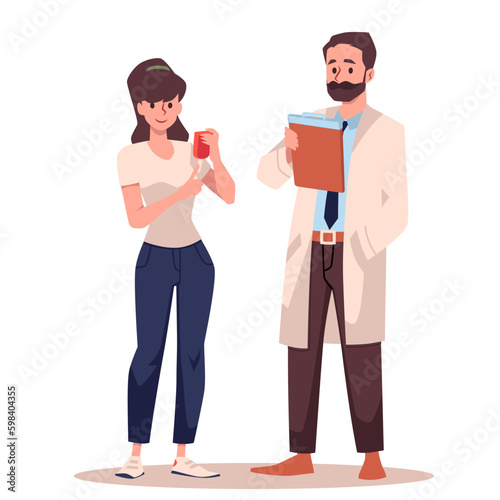 Woman checking blood sugar level at doctor s appointment, flat vector illustration isolated on white background.