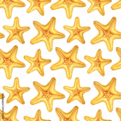 Orange starfish. Inhabitant of the seabed. Watercolor seamless pattern on white background. For summer wedding invitation and party card making, wrapping paper, wallpaper, fabric, postcards design