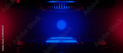 3d illustration rendering of futuristic cyberpunk city  gaming scifi stage display pedestal background  gamer banner sign of neon glow stand podium