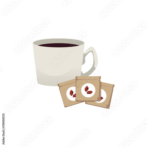 Cup with instant coffee drink, flat vector illustration isolated on white background.