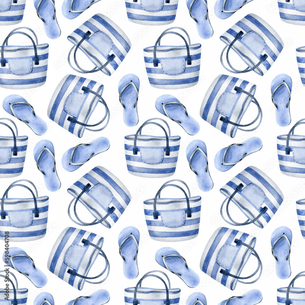 Beach blue flip-flops and beach bag striped. Watercolor seamless pattern on white background. For summer card making, wrapping paper, wallpaper, fabric, postcards design