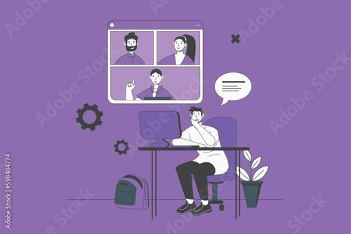 Video conference web concept with character scene in flat design. People talking and discuss tasks via video call, working distance at chat. Vector illustration for social media marketing material.
