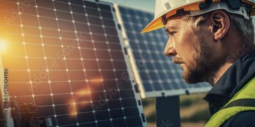 Generative AI image of an engineer working at solar power station, checks the operation of the sun and the cleanliness of photovoltaic solar panels on the roof.