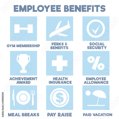 Employee benefits and perks icons or symbols bundle, flat vector isolated.