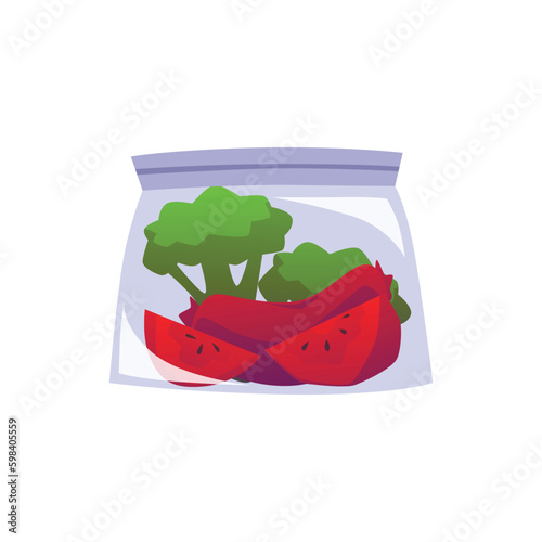 Fruits and vegetables packaged for storage in zip bag flat vector isolated.