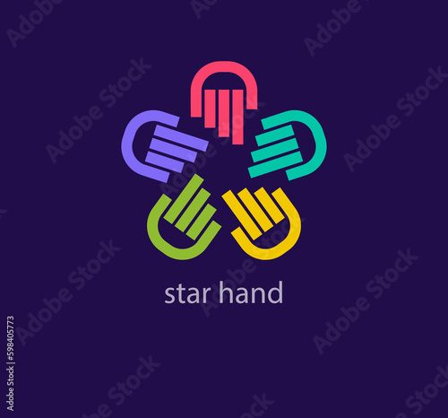 Creative hand star formation logo design. Unique design color transitions. Unique team unity hands logo template. vector