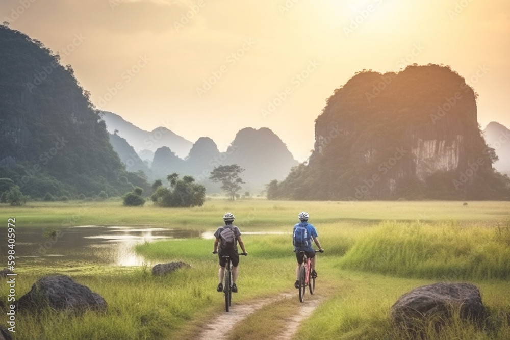 Tourists on bikes with backpacks travel of national nature park beautiful landscape. Eco travel. Generative Ai content. Generative AI Tourists on bikes with backpacks travel of national nature park beautiful landscape. Eco travel. Generative Ai content. Generative AI