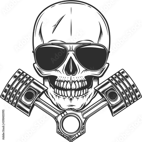 Motorcyclist biker skull in sunglasses and crossed engine pistons service rapair motorcycle, car and truck business in vintage monochrome isolated illustration