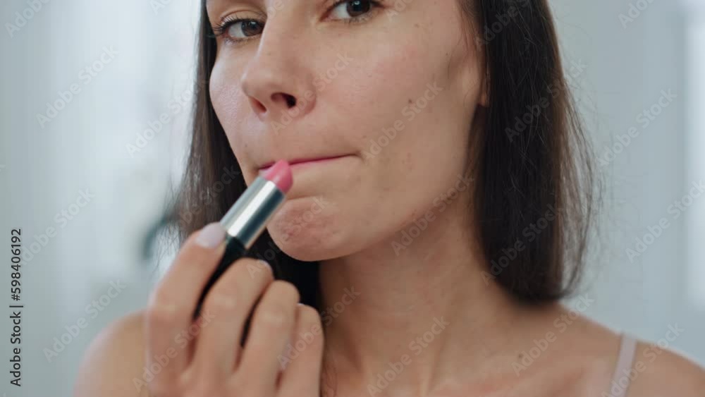 Portrait model applying lipstick home. Happy lady making makeup using lip care Generative AI Portrait model applying lipstick home. Happy lady making makeup using lip care Generative AI