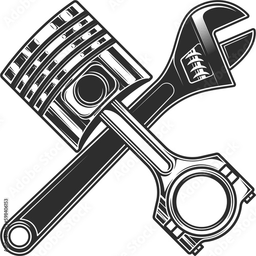 Adjustable wrench tool and engine piston for service repair car and truck business on white background isolated monochrome illustration