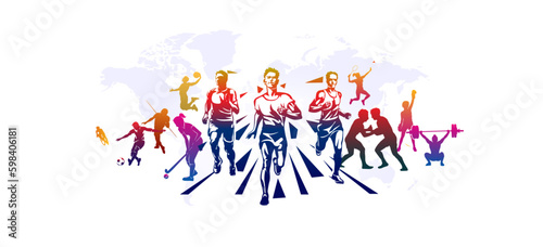 World Athletics Day concept. Sports, Athletics players backgraund. Sports day celebration. Collection of various sports players and activities. vector illustration