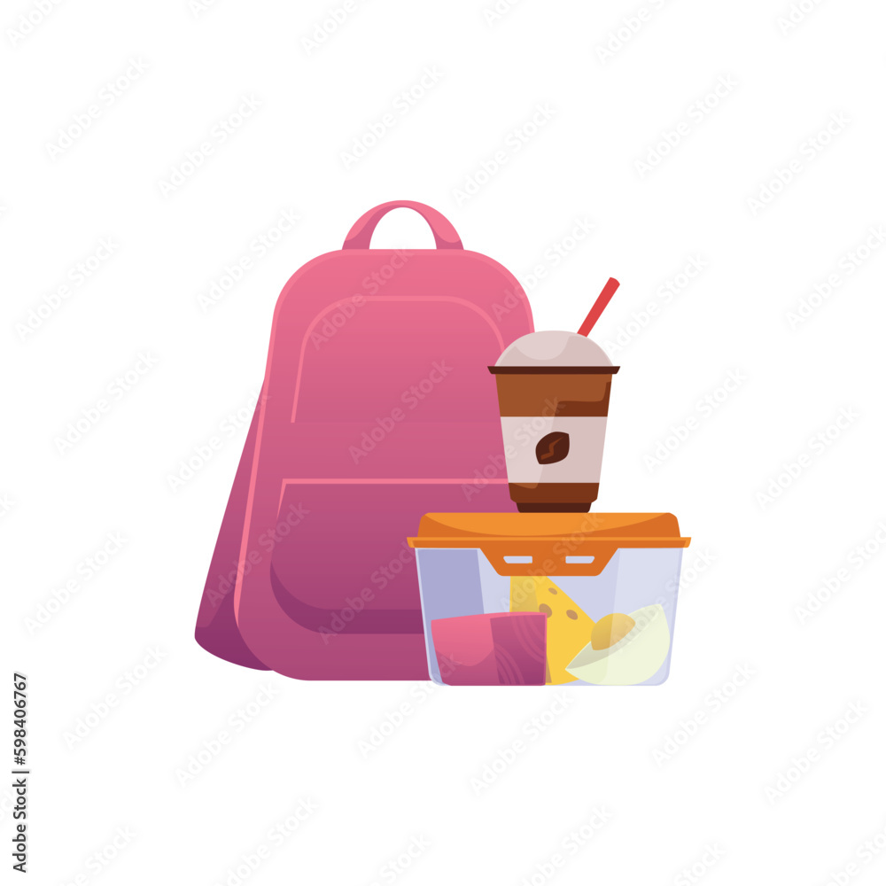 School backpack and lunch box with mug of coffee, flat vector illustration isolated on white background. School backpack and lunch box with mug of coffee, flat vector illustration isolated on white background.