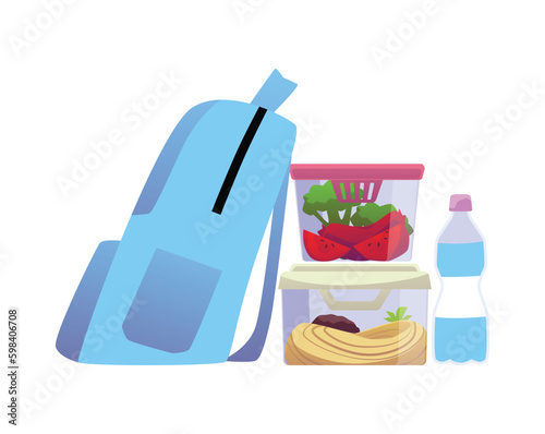 Backpack with food lunch boxes and bottle flat vector illustration isolated.