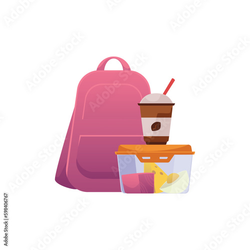 School backpack and lunch box with mug of coffee, flat vector illustration isolated on white background.