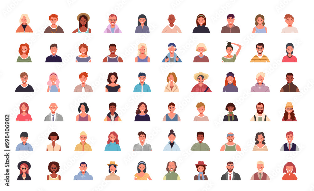 Fototapeta premium Set of various people avatars. User portraits. Different human face icons. Male and female characters. Smiling men and women. Flat cartoon style vector illustration