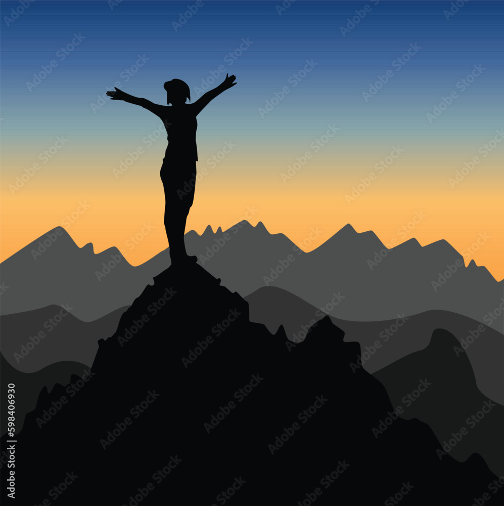 Woman with her arms raised on top of a mountain. Vector illustration of success, victory and joy.
