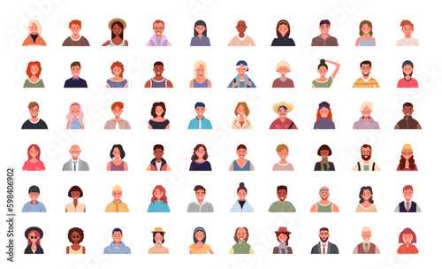 Set of various people avatars. User portraits. Different human face icons. Male and female characters. Smiling men and women. Flat cartoon style vector illustration