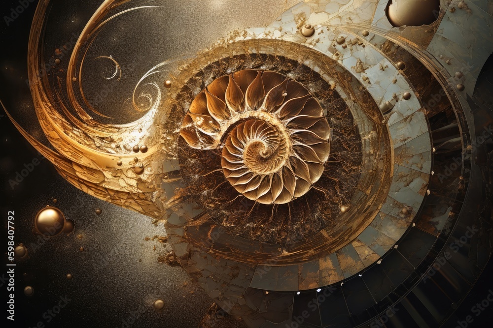 Golden spiral digital artwork created with generative AI technology ...