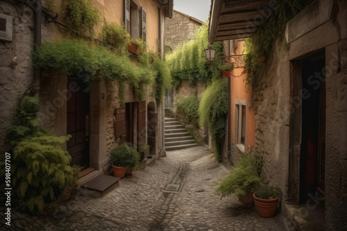 An old street in an idyllic Italian village created with generative AI technology. photo