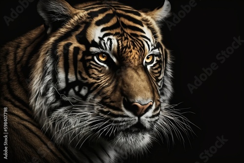 Striking Tiger Face on Dark Background. AI © Usmanify