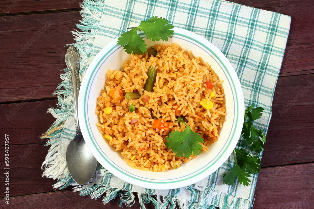indo chinese or mexican cuisine food veg fried rice known in india as basmati rice,veg pulav,veg