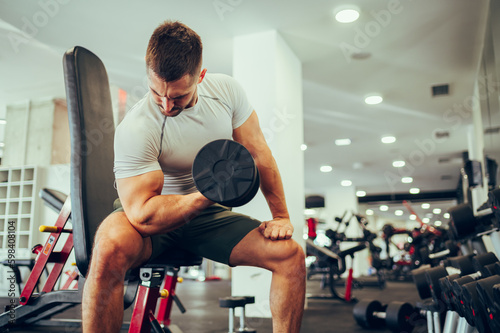 Fototapeta A focused sportsman is sitting in a gym and doing exercises for the biceps and triceps with a dumbbell
