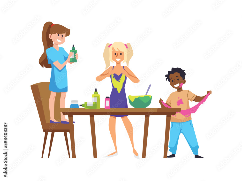 KIds party or recreation with slime, flat vector illustration isolated. KIds party or recreation with slime, flat vector illustration isolated.
