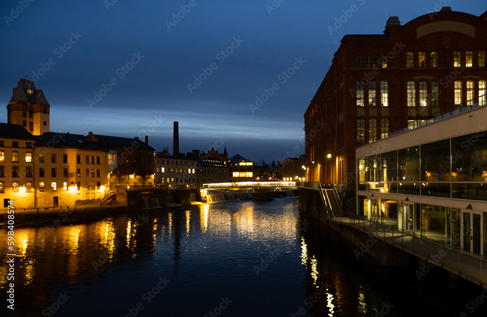 View of the city of Norrkoping at night, Sweden. 