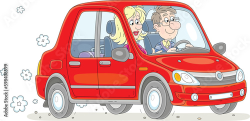 Happy young couple traveling in a red car and merrily chatting, vector cartoon illustration isolated on a white background