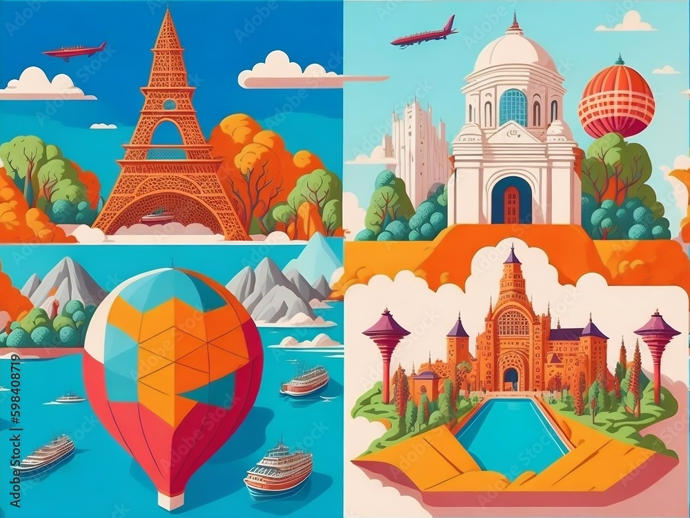 a travel guidebook, using bright colors, detailed landmarks, and playful characters to bring the destinations to life.