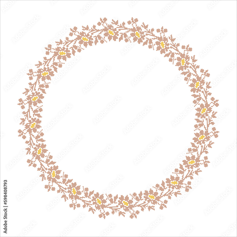 Floral ornament, round frame in the form of a circle from the elements of traditional Ukrainian geometric cross-stitch, amulets, for decorating weddings, celebrations, holidays Floral ornament, round frame in the form of a circle from the elements of traditional Ukrainian geometric cross-stitch, amulets, for decorating weddings, celebrations, holidays