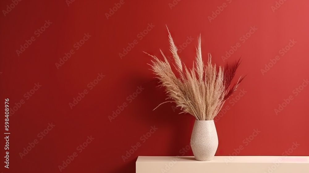 Vase with decorative plant branch against red wall background. Minimalist interior mockup. Generative AI