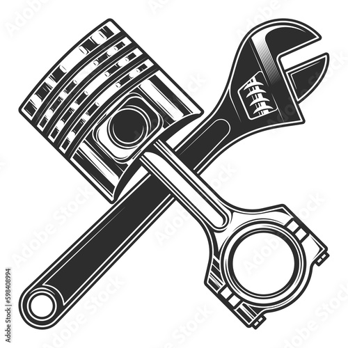 Adjustable wrench tool and engine piston for service repair car and truck business on white background isolated monochrome illustration