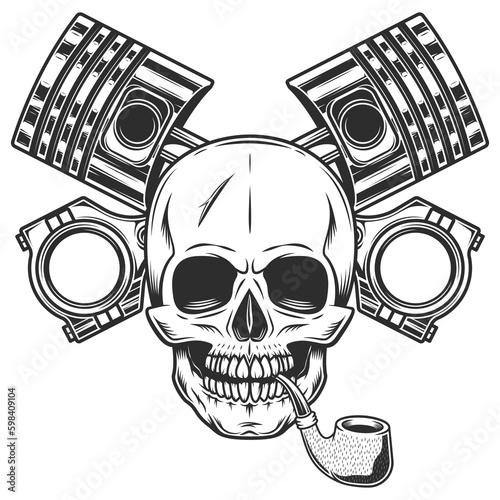 Motorcyclist driver biker skull smoking pipe and crossed engine pistons service rapair motorcycle, car and truck business in vintage monochrome isolated vector illustration