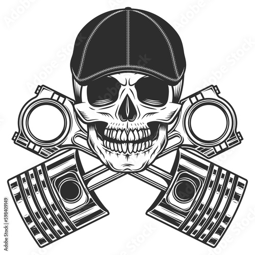 Motorcyclist biker skull in gatsby flat cap and crossed engine pistons service rapair motorcycle, car and truck business in vintage monochrome isolated vector illustration
