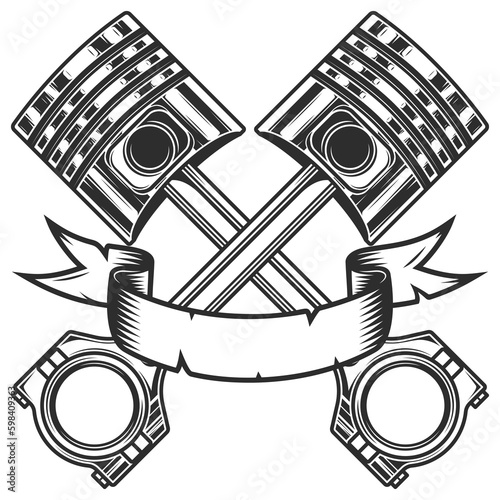 Engine piston with ribbon on white background isolated monochrome illustration