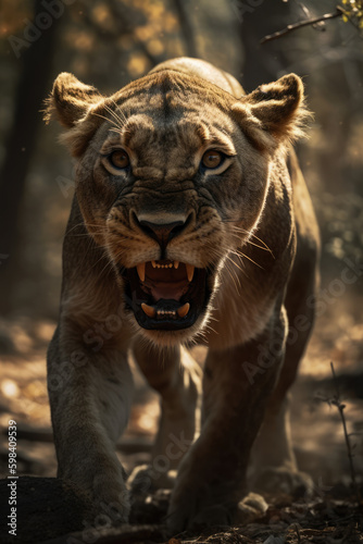 Wild lion roaring aggressively. Jungle forest savannah running generative ai © Roman