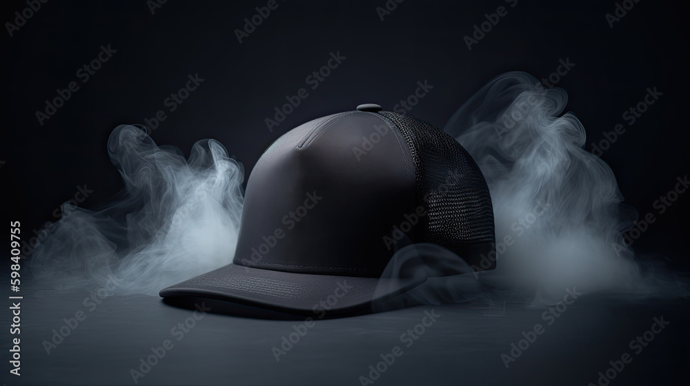 Black baseball cap on a black background. Mock up design. - obrazy, fototapety, plakaty 