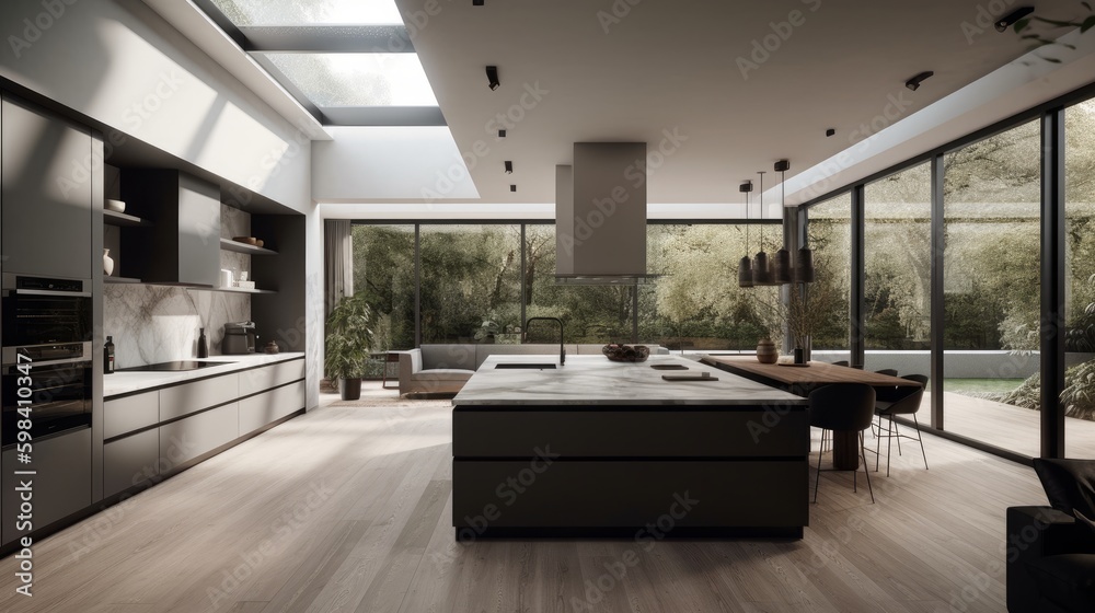 A harmonious blend of wood, metal, and concrete kitchen interior. AI generated A harmonious blend of wood, metal, and concrete kitchen interior. AI generated