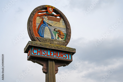 Chislehurst, Kent, UK: Chislehurst old village sign at Royal Parade. Chislehurst is in the Borough of Bromley, Greater London.