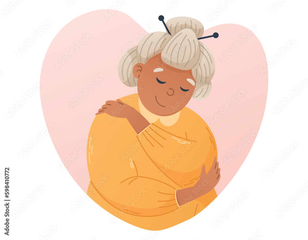 Self Love concept. Cartoon Old Gray Haired Woman Hugging herself. Vector flat illustration of a pensioner Respecting and Accepting herself. Self Love concept. Cartoon Old Gray Haired Woman Hugging herself. Vector flat illustration of a pensioner Respecting and Accepting herself.
