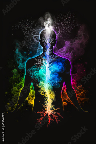 Colorful chakra silhouettes against black backdrop - vivid colors evoke powerful energy and offer versatile visual appeal. Generative AI