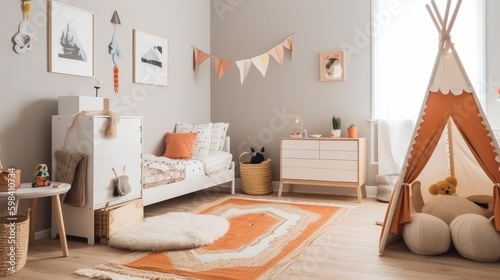 Minimalist decor and pops of color in a child's minimalistic bedroom. AI generated © ArtStage