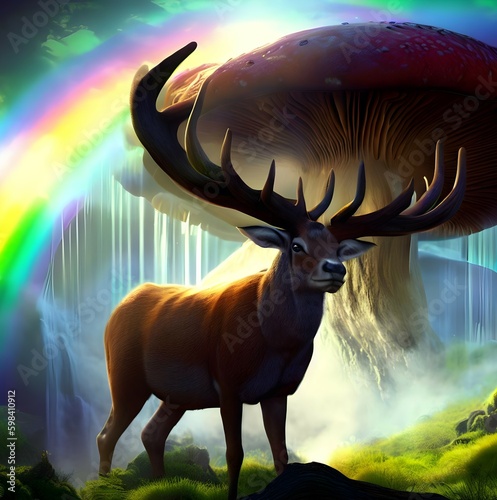 Wild Majestic Stag in Magical Rainbow Forest - Giant Mushroom