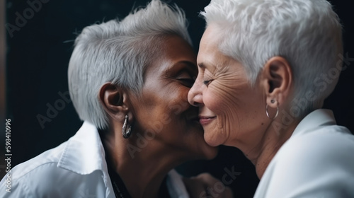 Old women lesbian couple. Black and Caucasian female in love. LGBT pride month celebration generative ai