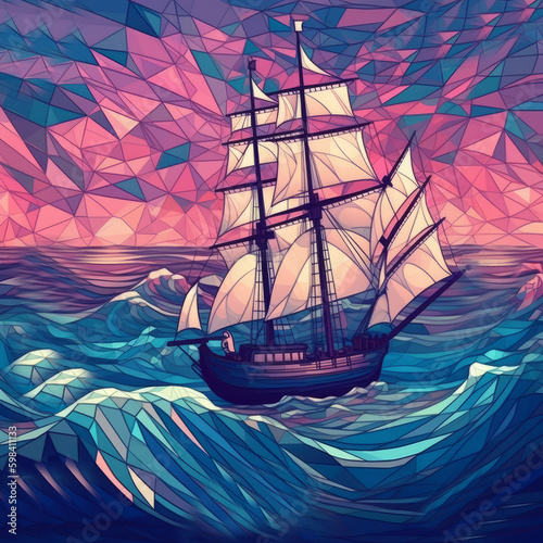 Sailing ship on ocean with big waves. Cubism style. Made with Generative AI.
