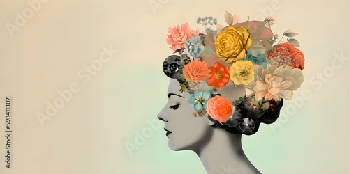 Collage with woman head and flowers, vintage collage with copy space. Generative AI. © JulMay