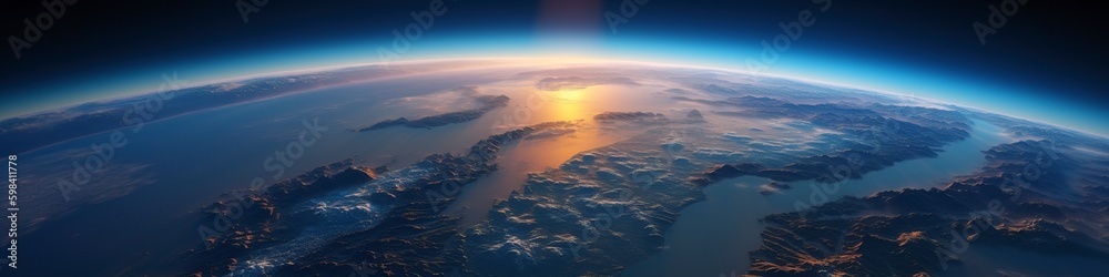 illustration, aerial view curvature of planet earth ,website header, ai generative